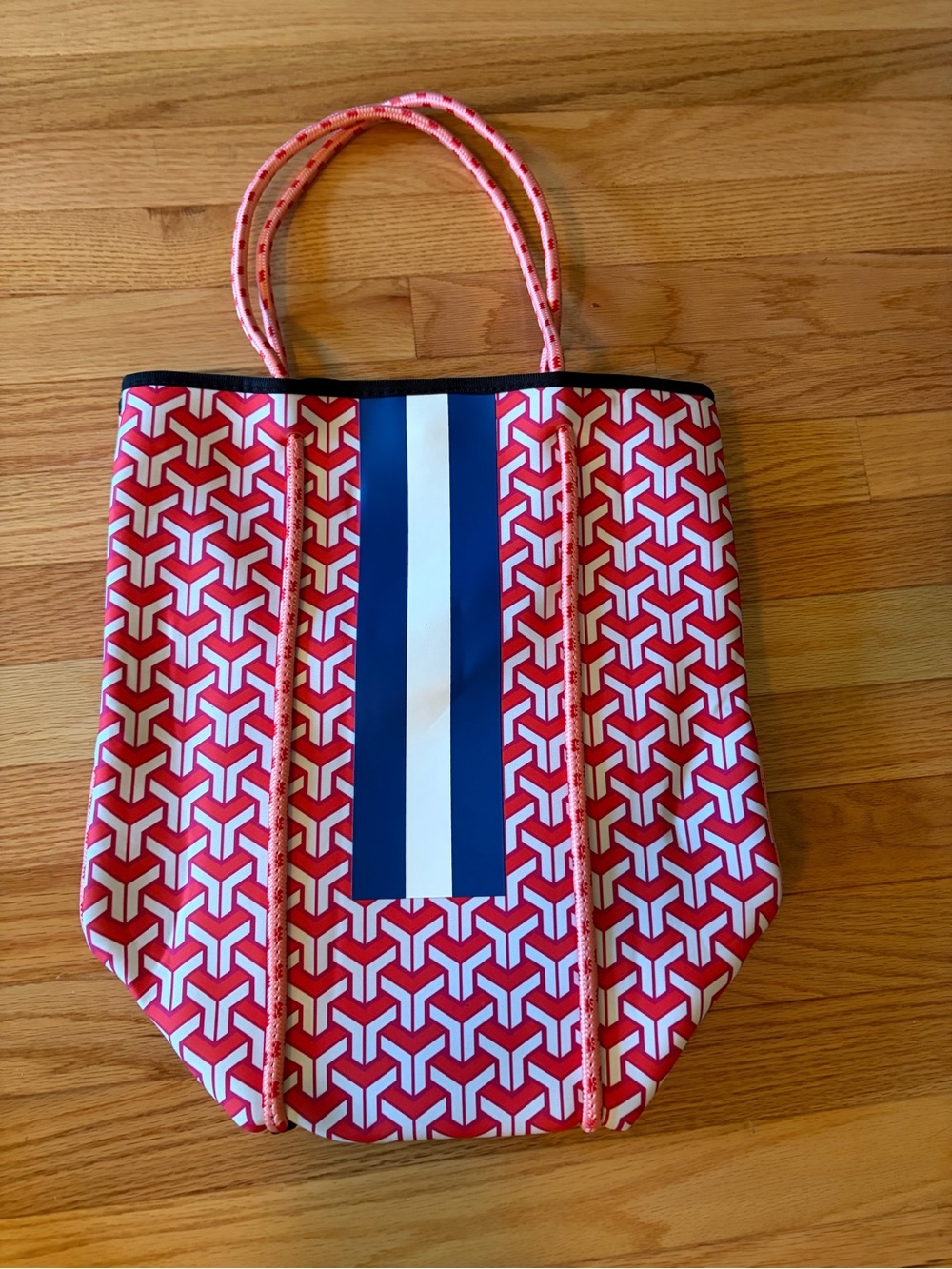 Parker and Hyde Red Patterned Tote Bag with Blue-White Stripe